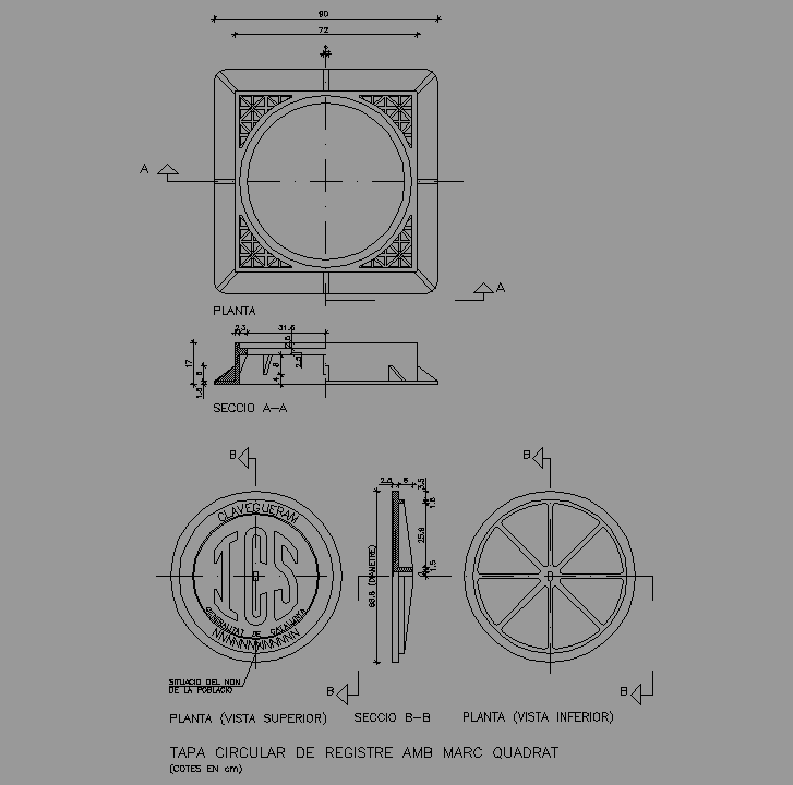 Bloque Autocad Tapa circular de registro en marco cuadrado.